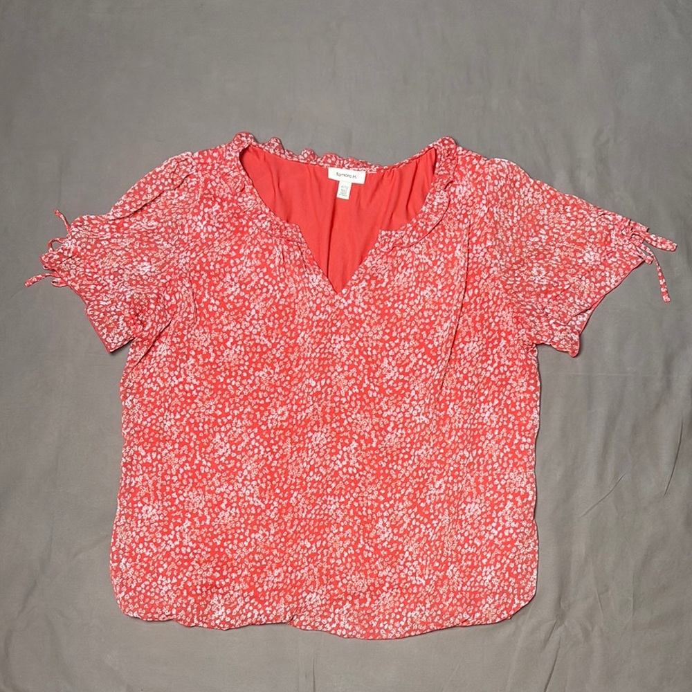 Orange & Pink Short Sleeve Relaxed Blouse Ruffle And drawstring sleeveSize XL‎